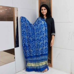 Dupatta Bandhej Gajji Silk Shikari Pattern Dark Blue